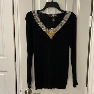 Peck & Peck Black Long Sleeve Top with Gold and Silver Details